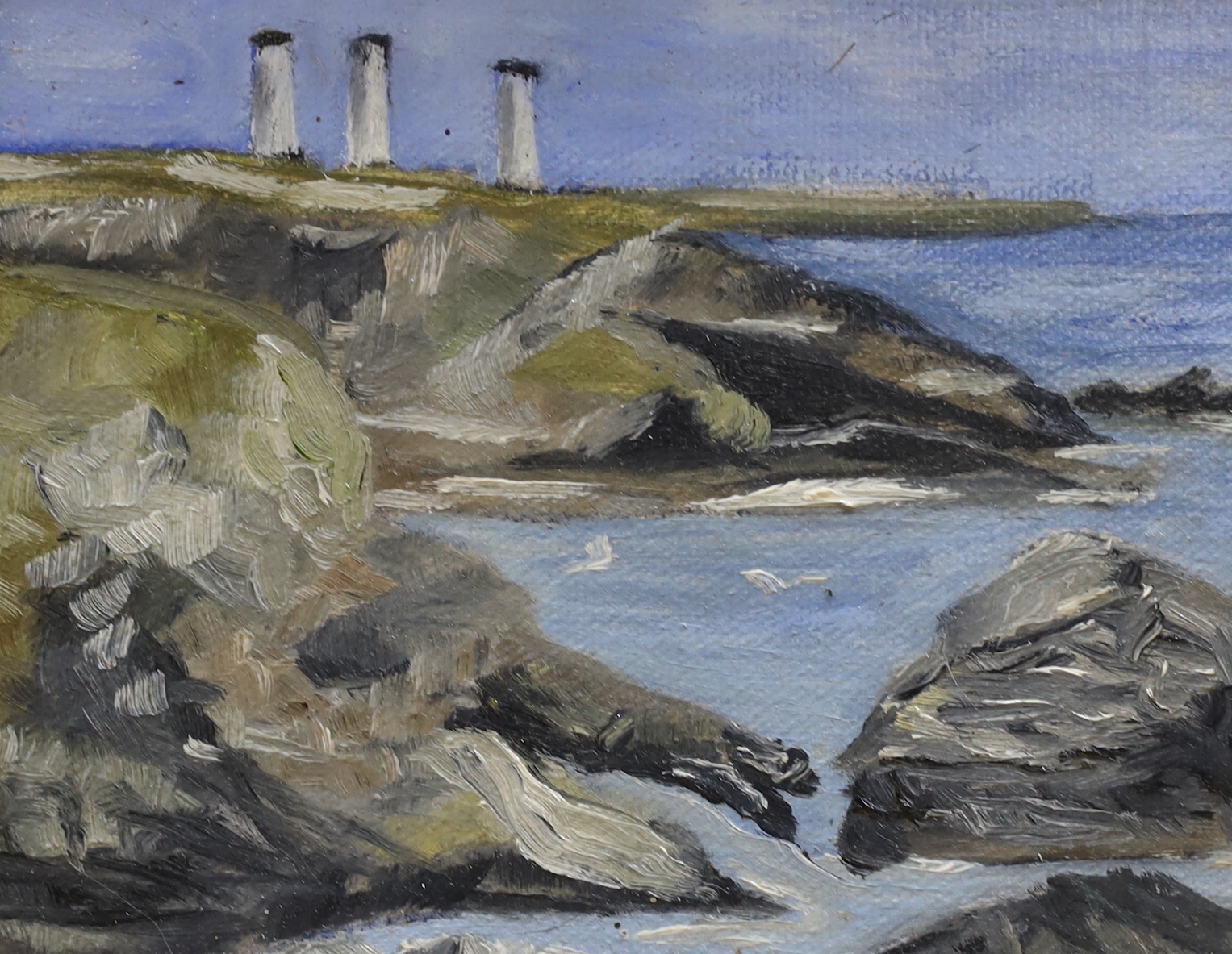 Jessica Piper, oil on canvas board, Lakeside landscape, signed, together with a pair of oils on canvas, Coastal landscapes, largest 24 x 30cm